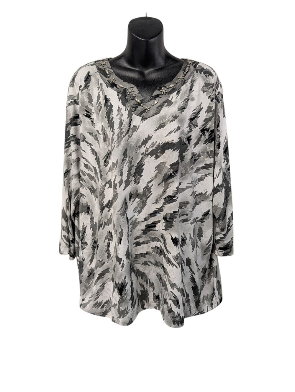 Alfred Dunner Women Embellished Abstract Print Top Black Grey 3/4 Sleeve Size XL